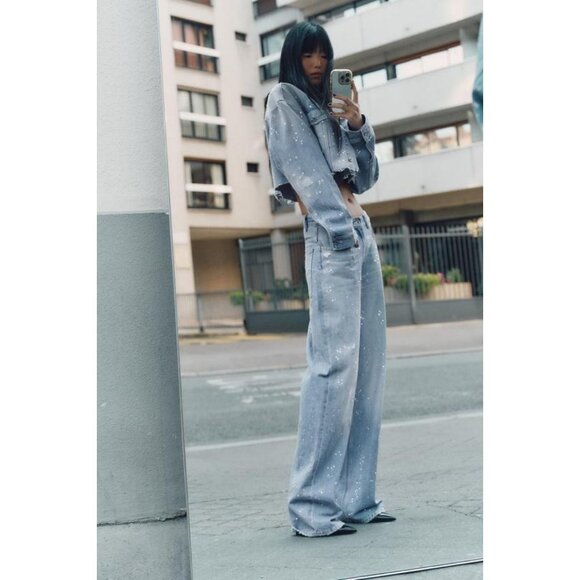 ZARA TRF STRASS CROP DENIM JACKET - Picture 7 of 9